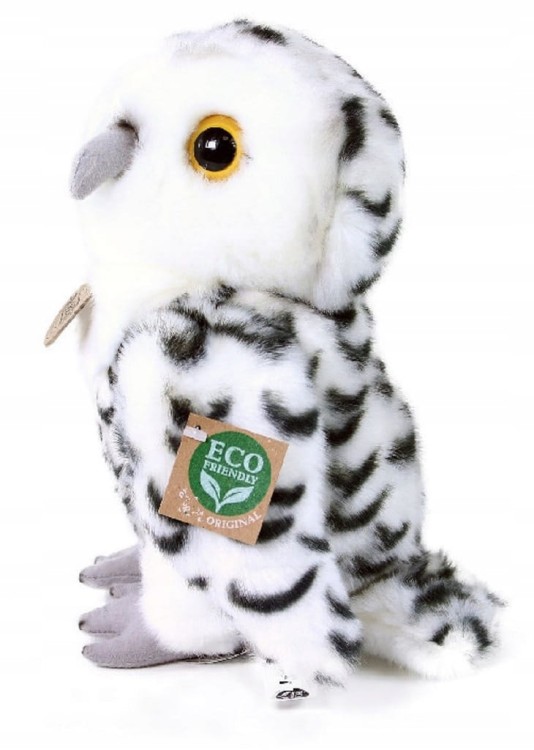 alt="Biała sowa Rappa, zdjęcie od boku – ekologiczna maskotka z recyklingu PET"