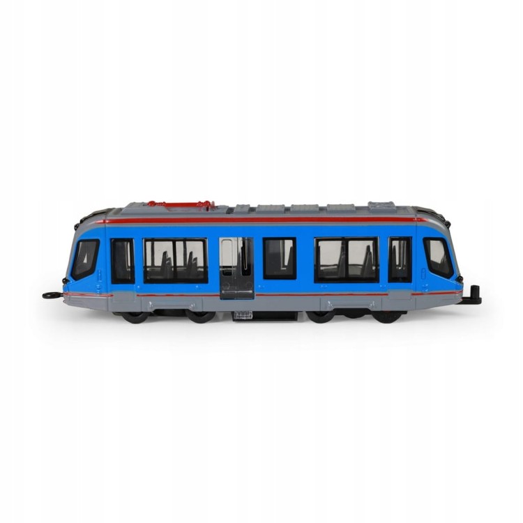 niebieski tramwaj zabawkowy metalowy