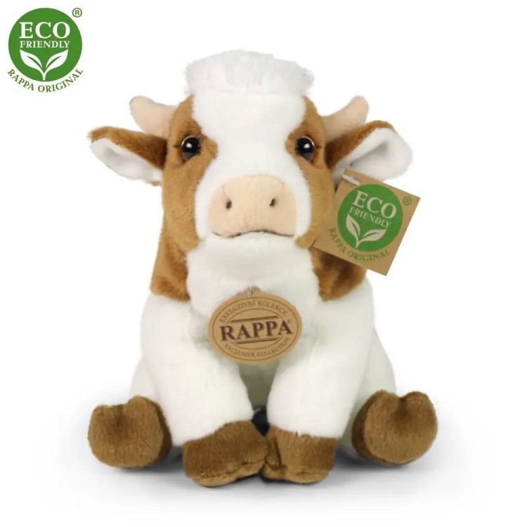 alt="Pluszowa krowa Rappa – miękka ekologiczna zabawka z recyklingu PET"