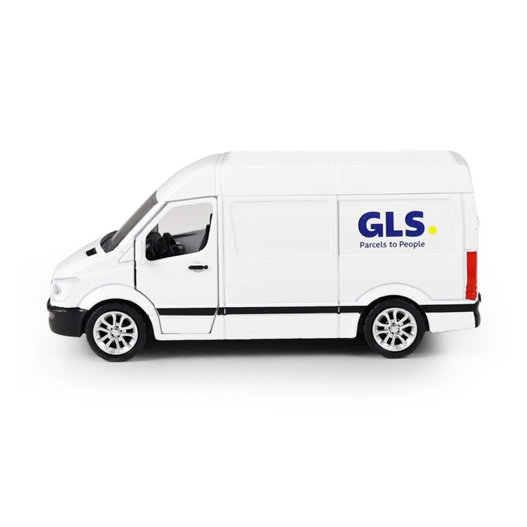 alt="biało-niebieski van GLS zabawka pull-back"