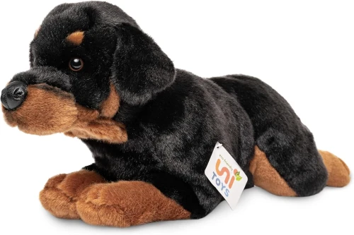 pluszak pies rottweiler leżący realistyczna maskotka dla dziecka