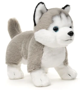 maskotka psa husky stojąca w szaro białym umaszczeniu